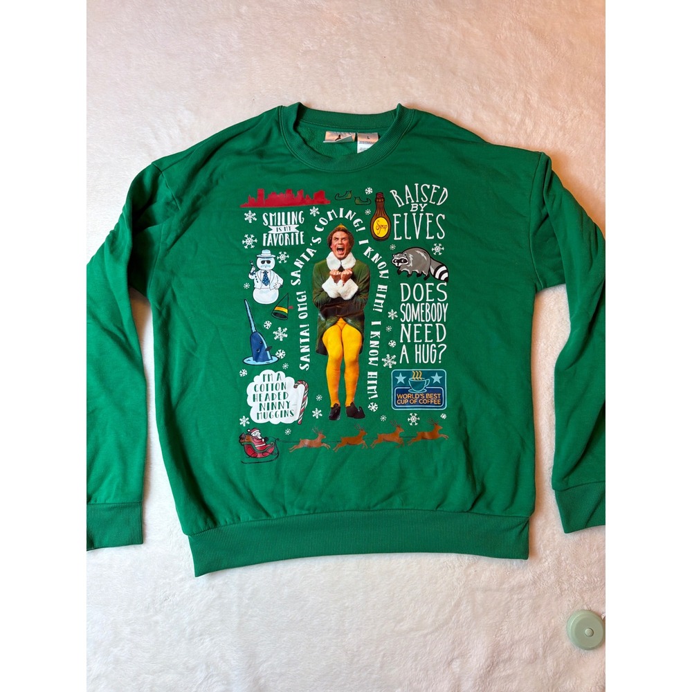 Elf Movie Christmas Sweatshirt Green Buddy the Elf Graphic Pullover Mens Large